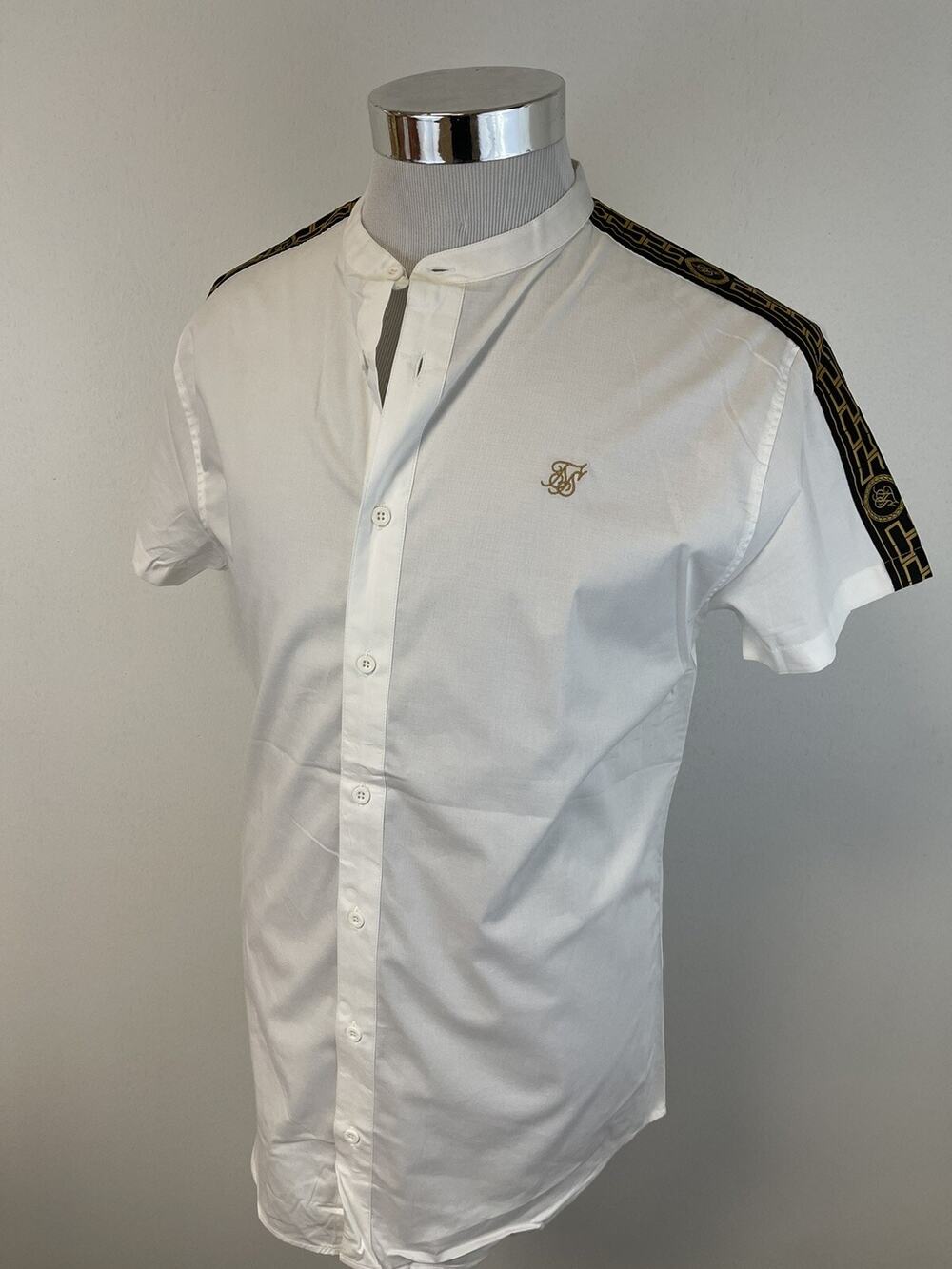 Siksilk Shirt Mens Small Button Up White Short Sleeve Sik Silk Side Trim N53